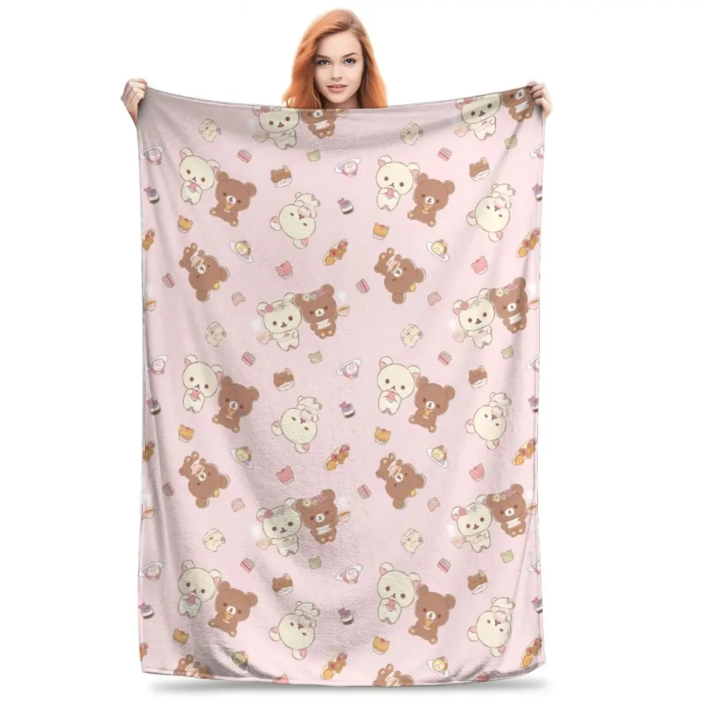 Kawaii Rilakkuma Bear Cartoon Soft Flannel Throw Blanket, Cute Character Print for Kids Bedroom Dorm and Family Lounge Decor, Lightweight Bed Throw for Story Time, Birthday Christmas Gift for Children Teens and Kawaii Fans