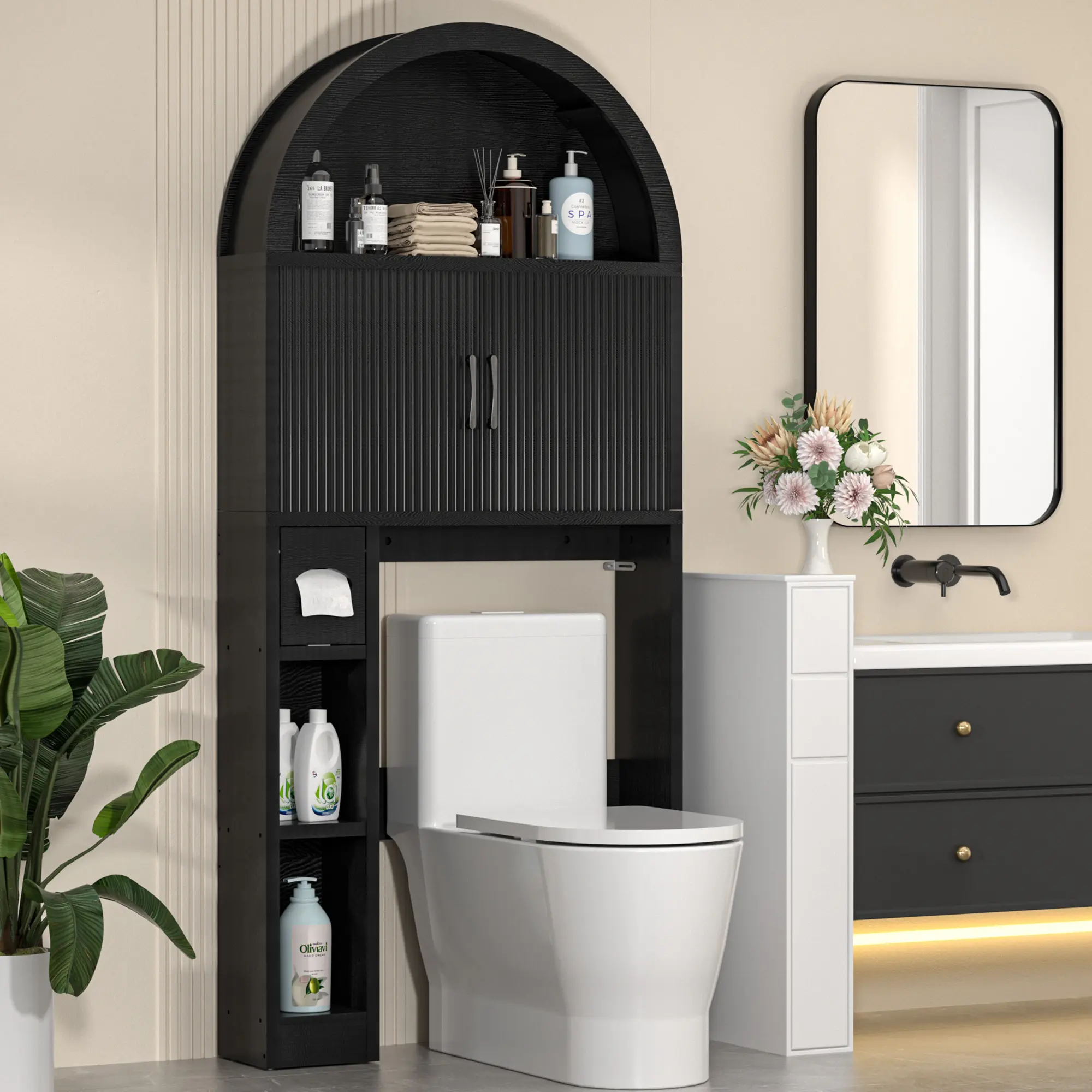Spurgehom Arched Over-The-Toilet Freestanding Wood Cabinet with Doors - Indoor Sturdy Furniture, Adjustable Shelf, Anti-Tip Device, Wave Pattern, Bathroom Organizer, Elegant Details, Flexible Installation, Space Optimization homeessentials, Arched Design,