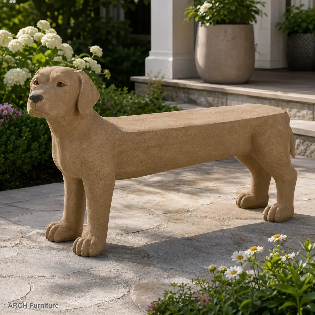 ARCH MGO DOG BENCH, Outdoor Bench, Light Brown, No Assembly Required, Animal Shape, Labrador Look, One-Seater