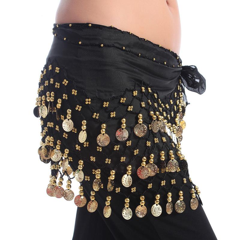 Women 3 Rows 128 Gold Coins Belly Dance Costume Hip Scarf Skirt Belt Wrap Waist Chain