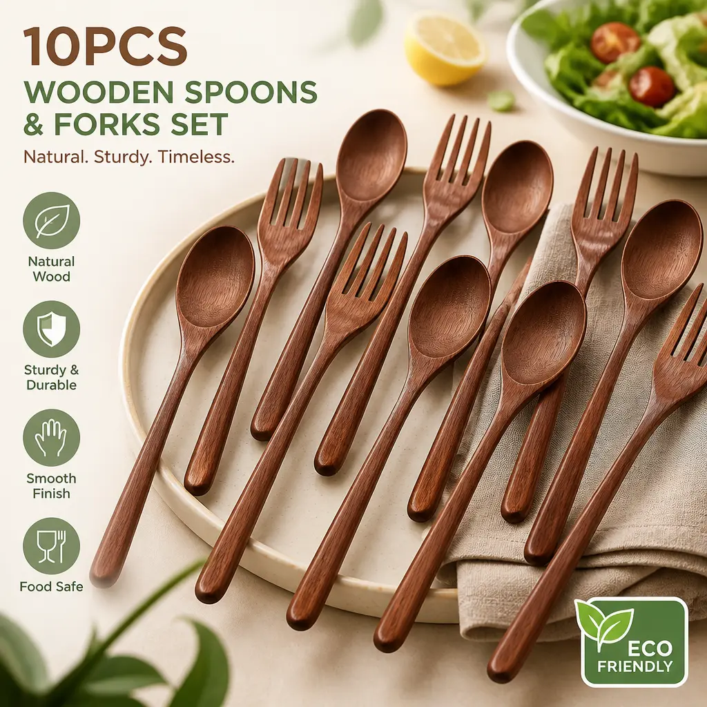10pcs Natural Handmade Wooden Spoons and Forks Set - Compact Reusable Outdoor Dinnerware, Eco-Friendly Kitchen Cutlery for Everyday Use, Travel & Camping
