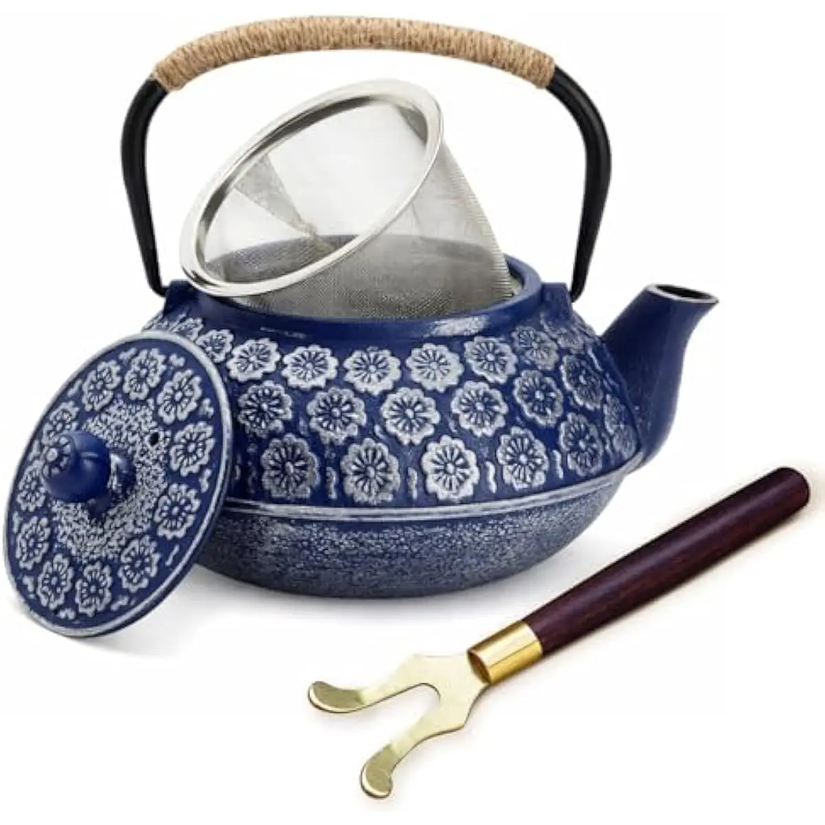 Japanese Cast Iron Teapot with Infuser & Stovetop Tea Kettle - 34 oz, Blue - Heat Retention, Removable Lid & Fold-Down Handle