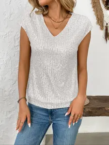 Elegant Women's Sequined V-Neck Batwing Sleeve Top Blouse, Perfect for Casual Wear and Parties, Fashionable Night Out Style