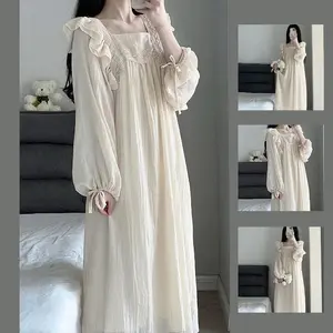 Lace Nightgown Sleepwear Women Korean Ruffles Night Dress Spring One Piece Pajamas Long Sleeve Square Collar Home Wear 2026 New