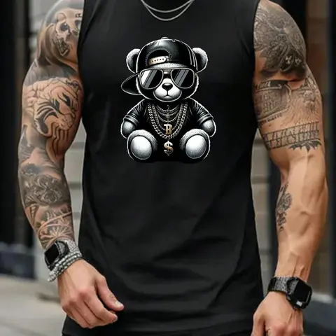 Men's Regular Fit Bear & Letter Print Top, Casual Comfy Sleeveless Top for Summer, Fashion Men's Clothes for Daily Wear, Streetwear Tank Vest, Sleeveless Tank Tops, Vests