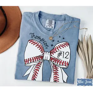 Custom Baseball Name Number Comfort Colors Shirt, Baseball Bow Tee, Personalized Baseball Player Shirt, Baseball Fan Gift, Sports Mom, Game Day
