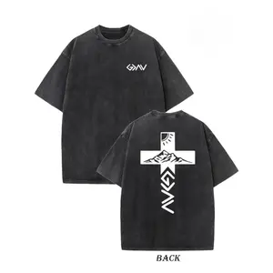 Vintage creative pattern washed T-shirt 'The sun and the cross' double-sided print T-shirt, heavy 230g cotton, washed T-shirt, dropped shoulder T-shirt, men's vintage street T-shirt, basic T-shirt, loose, hip-hop, unisex shirt