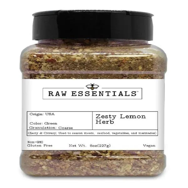 Raw Essentials Zesty Lemon Herb – Zesty and Citrusy Flavor for Meats, Seafood, Veggies, Stir-Fries, & Marinades – Non-GMO, Gluten-Free, Vegan – 8 Ounce Bottle