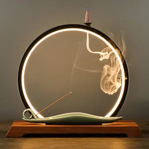 DOBEHOME Backflow Incense Holder with LED Light Ring Ceramic Incense Burner Waterfal with 1 tweezer and 30 Incense Sticks LED Incense Burner for Home Office Decor Yoga Aromatcherapy Fragrance Leaf
