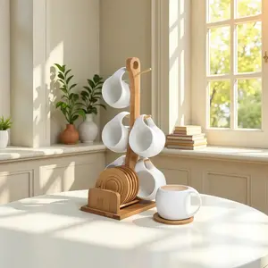 6-Piece Ceramic Coffee Cup & Saucer Set with Bamboo Stand – Heat-Resistant Mugs with Coasters, Modern Aesthetic Tea & Coffee Set for Home, Office, Dining Room – Stylish Holiday Gift for Friends & Christmas