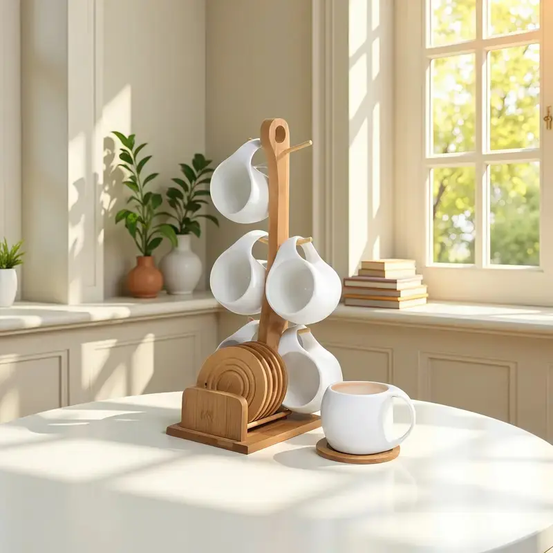 6-Piece Ceramic Coffee Cup & Saucer Set with Bamboo Stand  Heat-Resistant  Mugs with Coasters,
