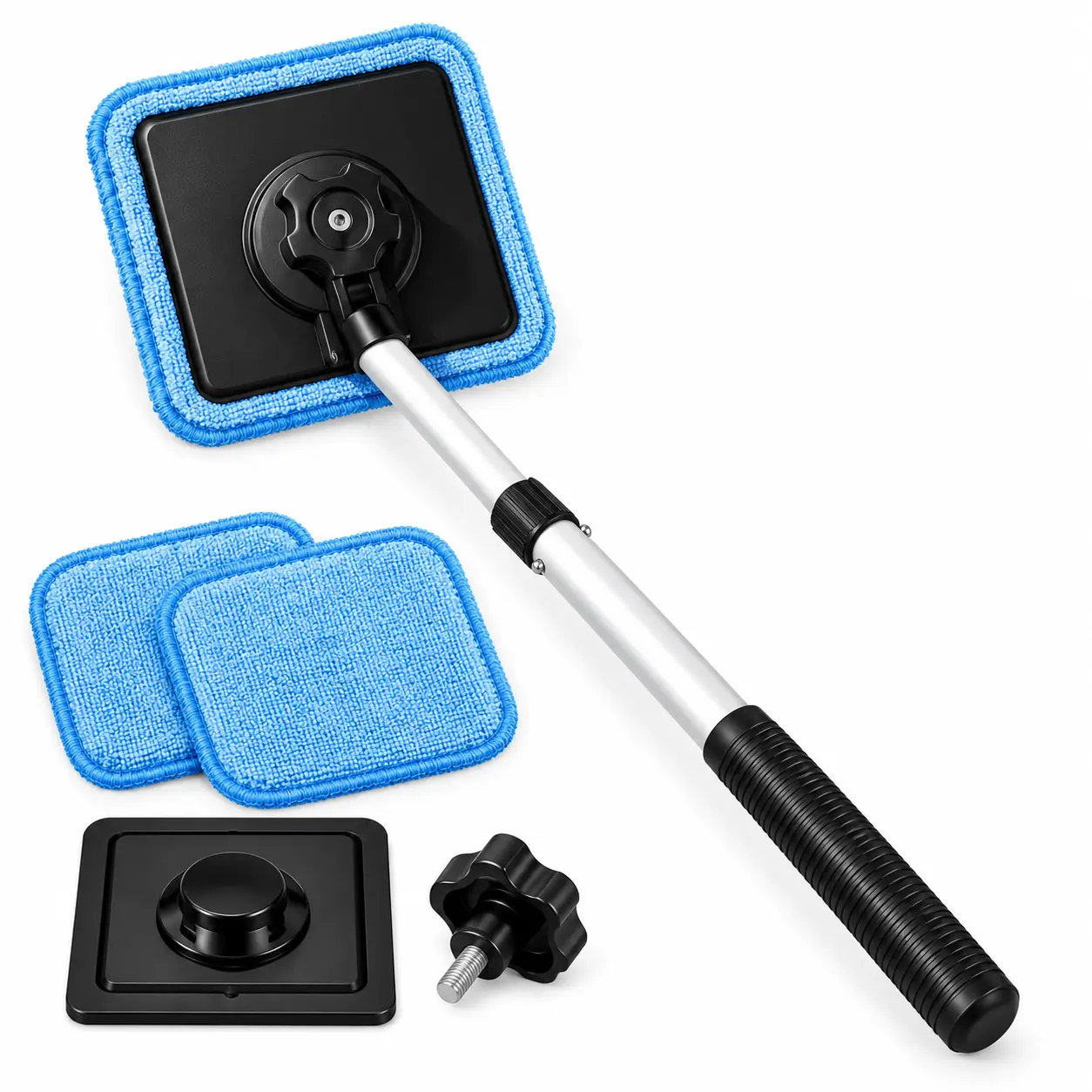 Double-Sided Magnetic Window Cleaner with Extendable Handle, Car Windshield & Glass Cleaning Tool with 2 Replacement Microfiber Pads