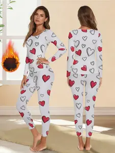 Women's Heart Print Long Sleeve Thermal Underwear Set, Casual Slim-Fitting Fall & Winter Bottoms, Fashionable Comfort Design