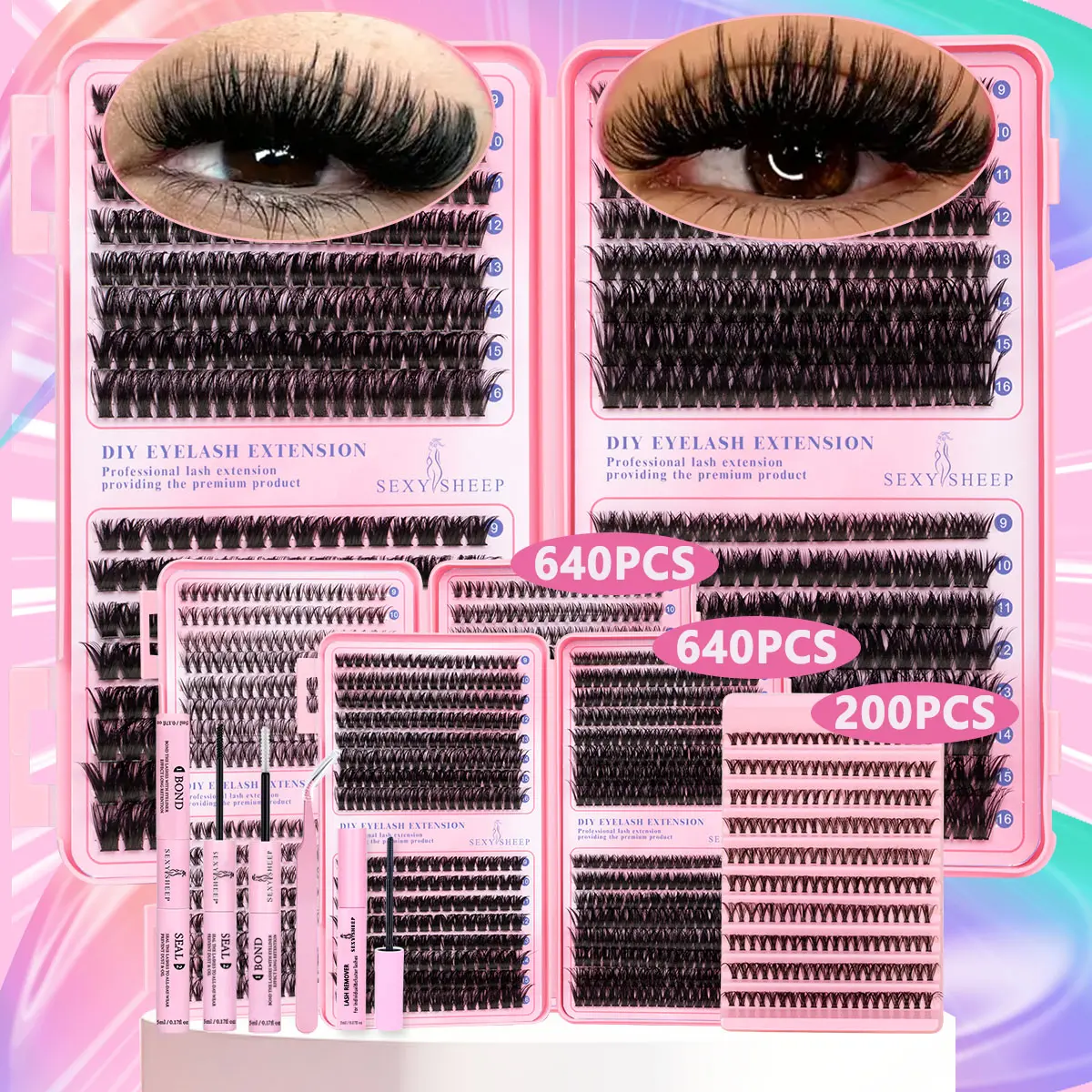DIY Eyelash Extension Kit, DIY Eyelash Set, Mixed Lashes 30 40 50D 60D 80D 100D, D Curl Individual False Lashes, Includes Bond &Seal &Remove &Eyelash Tweezers 9-16mm, Individual Lash Extensions