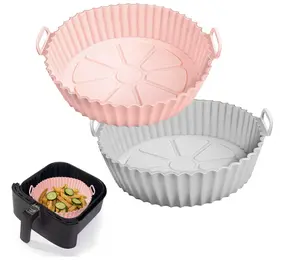 2 Pack Air Fryer Silicone Liners Pot for 3 to 5 QT, Air Fryer Silicone Basket Bowl, Replacement of Flammable Parchment Paper, Reusable Baking Tray Oven Accessories, Pink+Grey, (Top 8in, Bottom 6.75in)