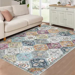Machine Washable Carpet Moroccan Plaid Carpet Vintage Distressed Printed Carpet Anti-stain Non-slip Decorative Carpet Suitable for Living Room Bedroom Hallway Bathroom Kitchen