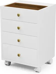JanlyHome 4 Drawer Small File Cabinet, Under Desk Storage with Glass Top, Mobile Printer Stand with Lockable Wheels for Home Office Study, White