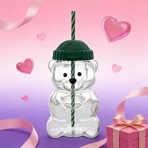 2026 Holiday Bear Glass Cup with Straw, 20oz Cute Bear Iced Drink Tumbler with Green Beanie Lid, Festive Clear Glass Cup for Coffee, Milk Tea & Juice, Adorable Valentine's Drinkware Gift