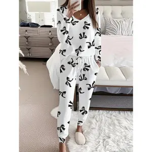 Women's Bow Print Casual Set, Long Sleeve V Neck Top & Tie Waist Pants, Ladies Homewear & Pajamas, Spring & Fall Fashion Loungewear