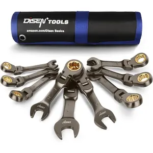 Flex Head Stubby Ratcheting Wrench Set, Metric 8 to 17 Mm, CRV, Nickel Plating Combination Ratchet Wrenches Set With Rolling Pouch