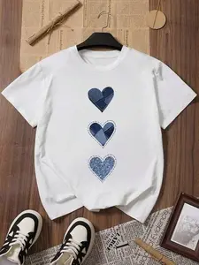Denim Heart Graphic Tee Womens Cute Casual Short Sleeve Crewneck Soft Stretch T Shirt Trendy Streetwear Top For Summer Outfit Daily Wear