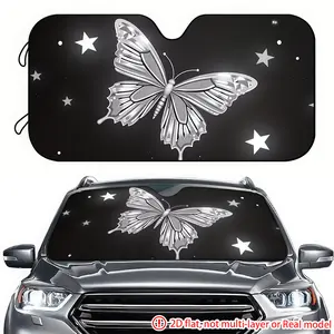 1pc silver butterfly and star car sunshade 2D high-definition printing, car sunshade effectively blocks sunlight, suitable for decorating the front windshield of RVs, trucks, and SUVs