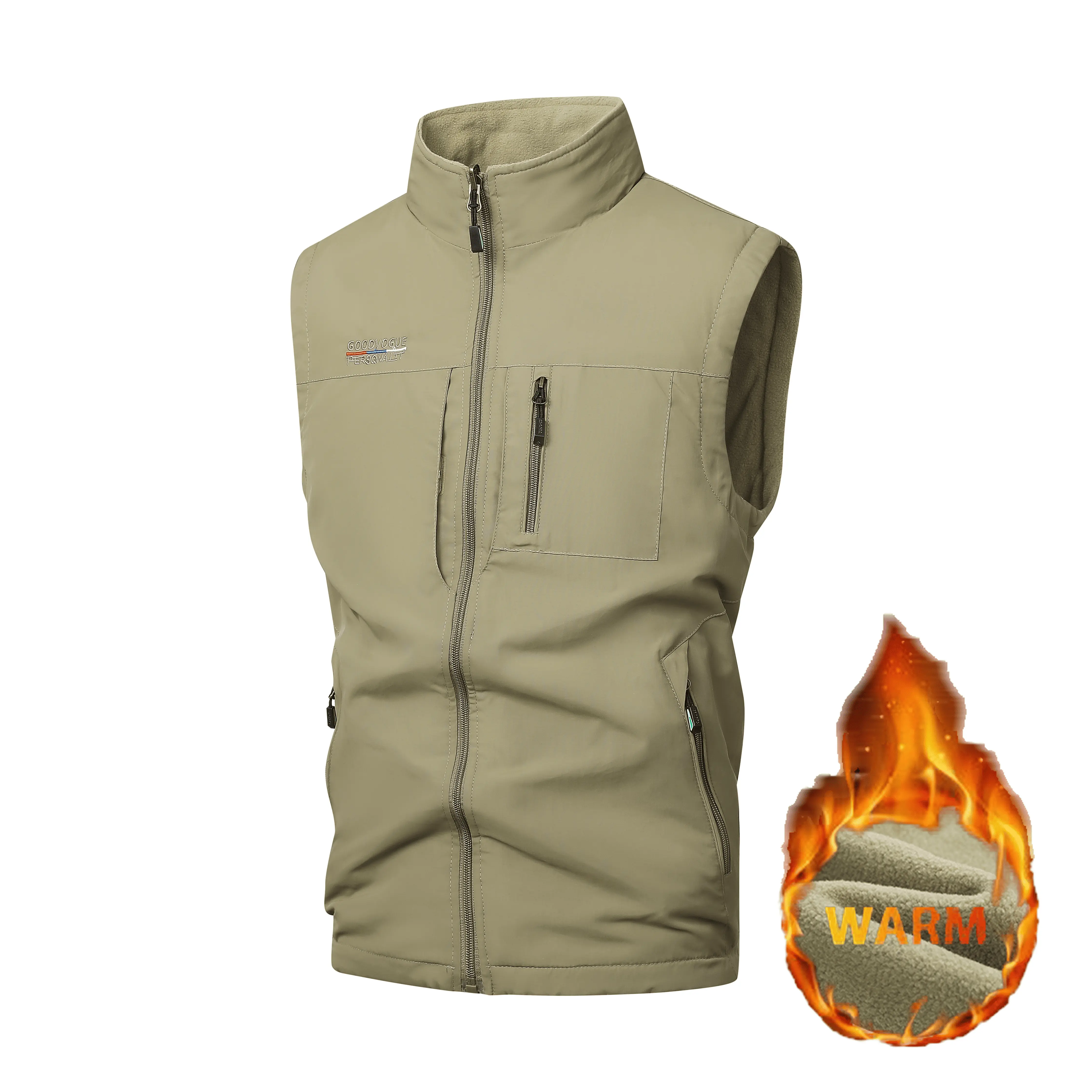 Men's Casual Fleece-Lined Gilet in Khaki, a Plain Windproof Winter Bodywarmer with a Stand Collar and Zipper Pockets for Outdoor Work, Bodywarmer Waistcoats & Gilets, Sport