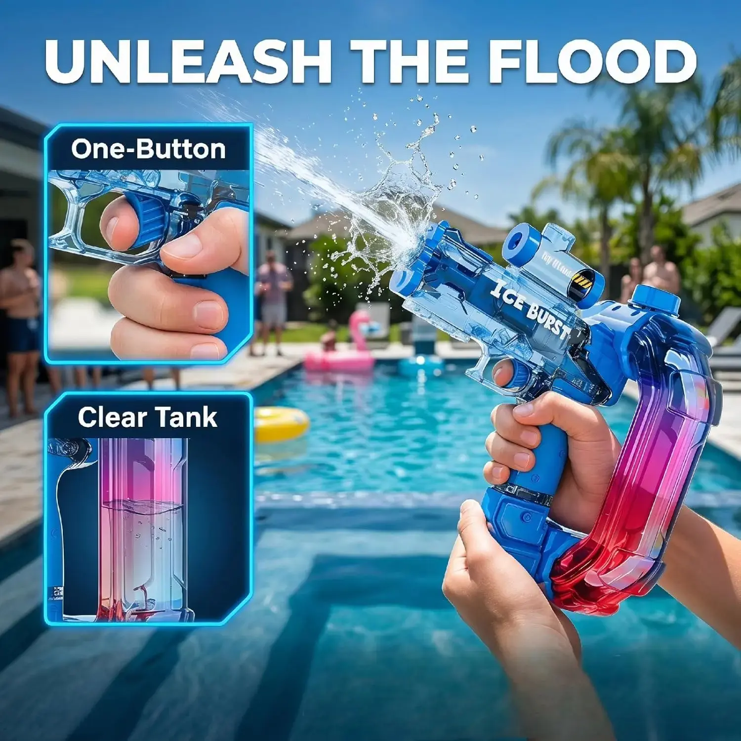 Ultimate Battle Powerful Electric Water Gun, automatic squirt gun with glowing realistic muzzle, 26oz for circle, 12oz standard, up to 19 ft range, outdoor summer swimming pool toy for adults and kids, toys for gifts tactical multiplayer team toy