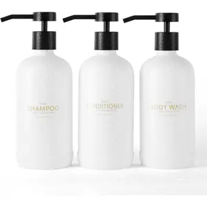 Shampoo and Conditioner Dispenser Set of 3,Refillable 21oz Shampoo Bottles with Non-Slip Protective  Pad,Shower Soap Dispenser with  Labels for Bathroom (White)