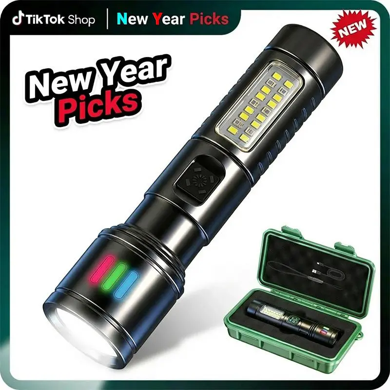 2026 New Rechargeable LED Compact Flashlight Torch - Built-in Batteries & Cells, Adjustable, 6 Lighting Modes, Zoomable, Strobe Side Light, Waterproof, High Lumens, Dimmable, No Installation, for Outdoor Camping & Fishing, Tactical Light emergency