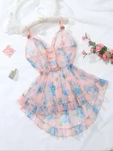 【Plus Size】 Floral Print Semi-sheer Cami Nightdress, Plus Casual Soft Comfortable Spaghetti Strap Nightgown for Women, Women's Plus Multicolor Sleepwear for All Seasons, Strap Chemise Nightgown