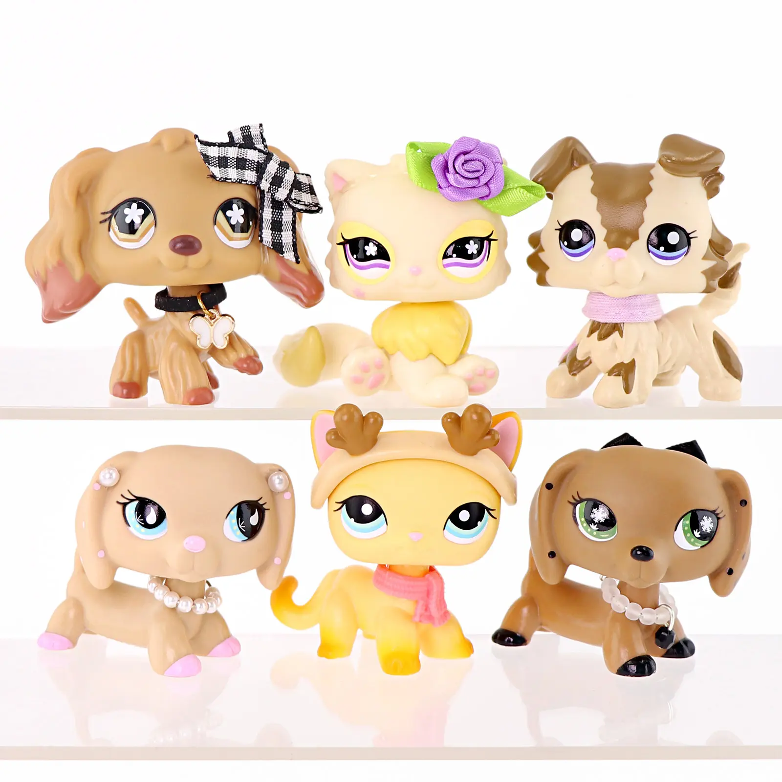 6 Pcs Wiggle‑Head Mini Cat & Dog Animal Figurine Set, Cartoon Small Pet Figures with Bow Flower Antler Hat Scarf Pearl Collar Accessories, Collectible Desktop Display Ornament Toys, Gift for Kids & Toy Collectors