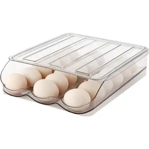 2-Layer Egg Holder for Fridge, Automatic Rolling Egg Storage Container with Lid, Large Capacity Clear Plastic Egg Organizer Tray for Refrigerator