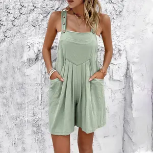 Women's Casual Sleeveless Solid Color Cotton Fabric Shoulder-Strap Overalls, Lady-Fit Tube Clothes