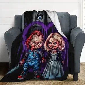 Ghost Story Chucky Horror Movie Theme Flannel Blanket, Lightweight Seasonal Throw for Couch Bedroom Living Room Decor, Casual Travel Camping Blanket