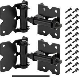 2 Pack Self Closing Gate Hinges for Wooden Fences Heavy Duty Solid Vinyl Fence Gate Closer Hinges with 22 Screws Swing Adjuster Tool 90 Degree Tension Gate Hardware Kit Black Finish