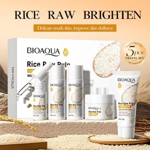 BIOAOUA Rice Essence Moisturizing And Brightening Travel Set, 5-Piece Skincare Kit, Hydrating Cleanser and Moisturizer Combo, Perfect for On-The-Go Use
