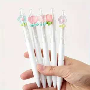 5pcs Writing Press Pens, Tulip Flower Decorative Pen Caps, Smooth Writing, Durable Long-Lasting, High-Quality Inkless Experience, Cute Office Pen