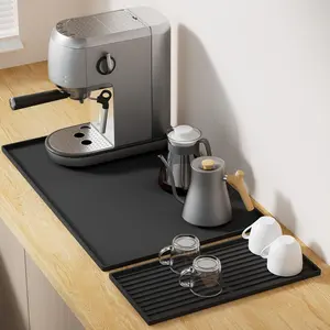 Silicone Coffee Mat Set - 24" x 16" Coffee Bar Mat for Countertop, Kitchen Station Pad Accessories Fit Under Coffee Maker or Machine, Heat Resistant Dish Drying Mat Kitchen Gadget, Black