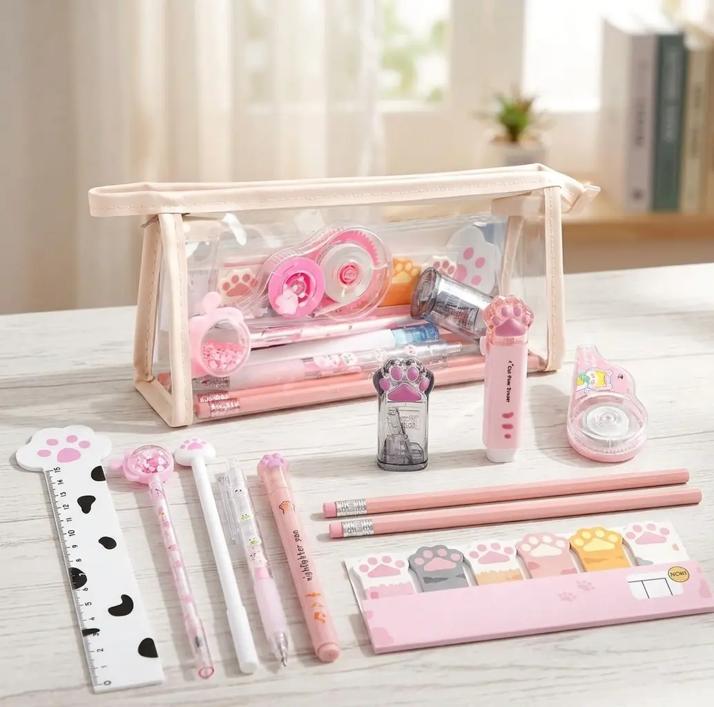 【HUOMAQFAN】13Pcs Cutecore Unisex Cat Paw Stationery Set, Back to School Themed Kit with Retractable Pencil, Eraser, Correction Tape, Dot Pens, Ruler, Sticky Notes, Highlighters for Kids