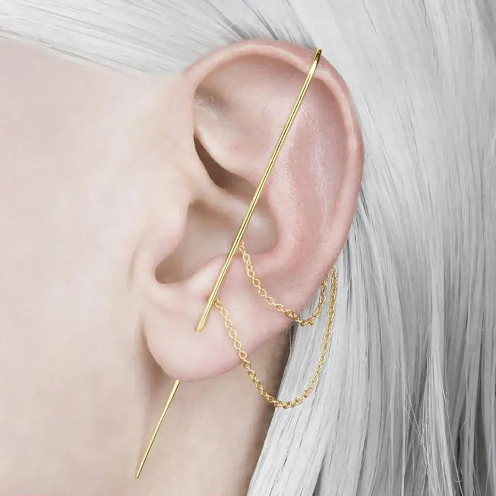 Simple Ear Wrap Crawler Hook Earring Punk Wrap-around Chain and Needle Look