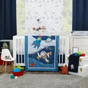 Toy Story Outta This World Blue and Gray 3 Piece Nursery Crib Bedding Set - Comforter,  Fitted Crib Sheet, and Crib Skirt