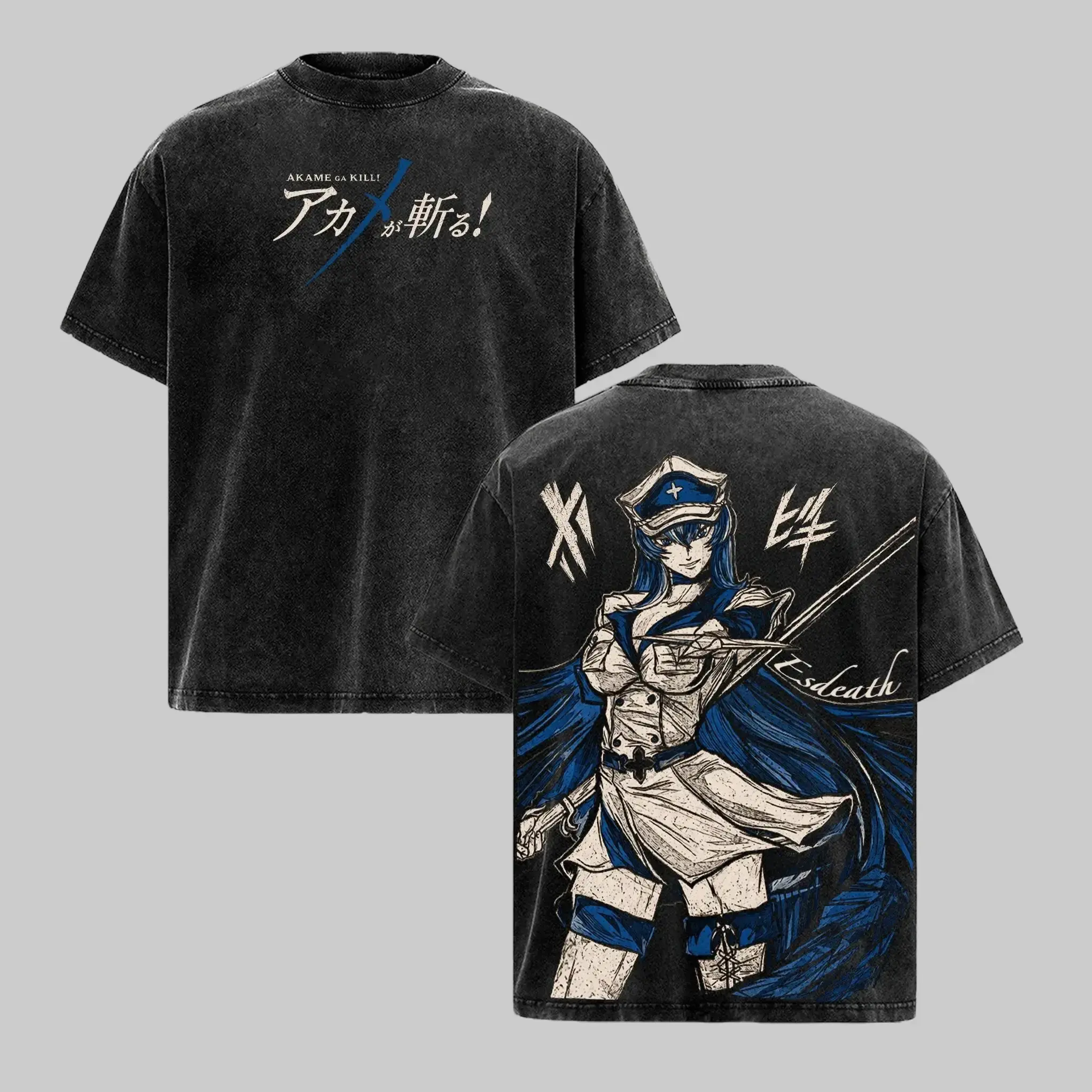 Esdeath Akame ga Kill! Vintage Washed Anime T-Shirt Oversized Boxy Fit Heavyweight Cotton Graphic Tee Streetwear Shirt Unisex Daily Wear Gift for Akame ga Kill Anime Fans