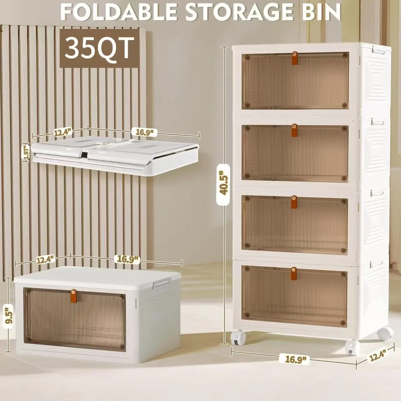 4-Tier Stackable Storage Bins with Lids – Rolling Closet Organizer with Wheels – Collapsible Plastic Containers for Home, Office & Dorm Room