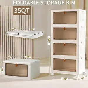 4-Tier Stackable Storage Bins with Lids – Rolling Closet Organizer with Wheels – Collapsible Plastic Containers for Home, Office & Dorm Room