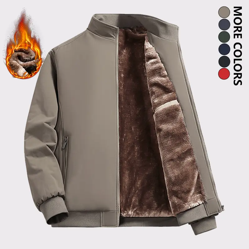 Men's Solid Color Casual Cotton Jacket, Fleece Lined Thickened Windproof Long Sleeve Stand Collar Jacket, Full Zip Closure, Suitable for Autumn and Winter Formal Occasions and Outdoor Activities Wear thermal outerwear trendy coat
