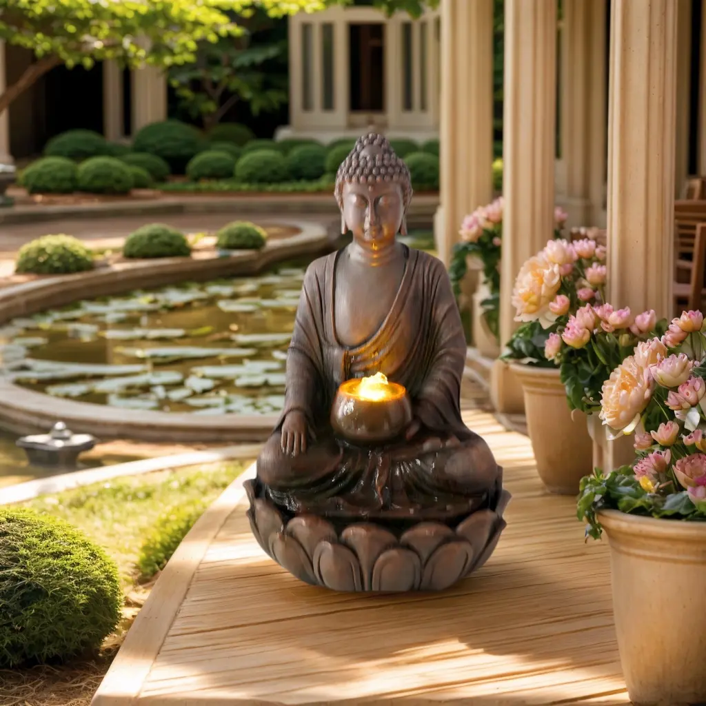 20.3in Traditional Carving Zen-Style LED Light Buddha Statue - Reflective Indoor-Outdoor Fountain, Meditation Religious Ornament for Garden, Elegant Decor Gift