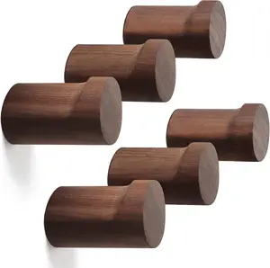 Natural Wood Wall Hooks - 6 Pack Minimalist Walnut Wooden Peg Knobs, Easy Wall Mount - Rustic & Modern Hanger for Hats, Coats, Towels, Bags, Purses, Jacket & Backpack
