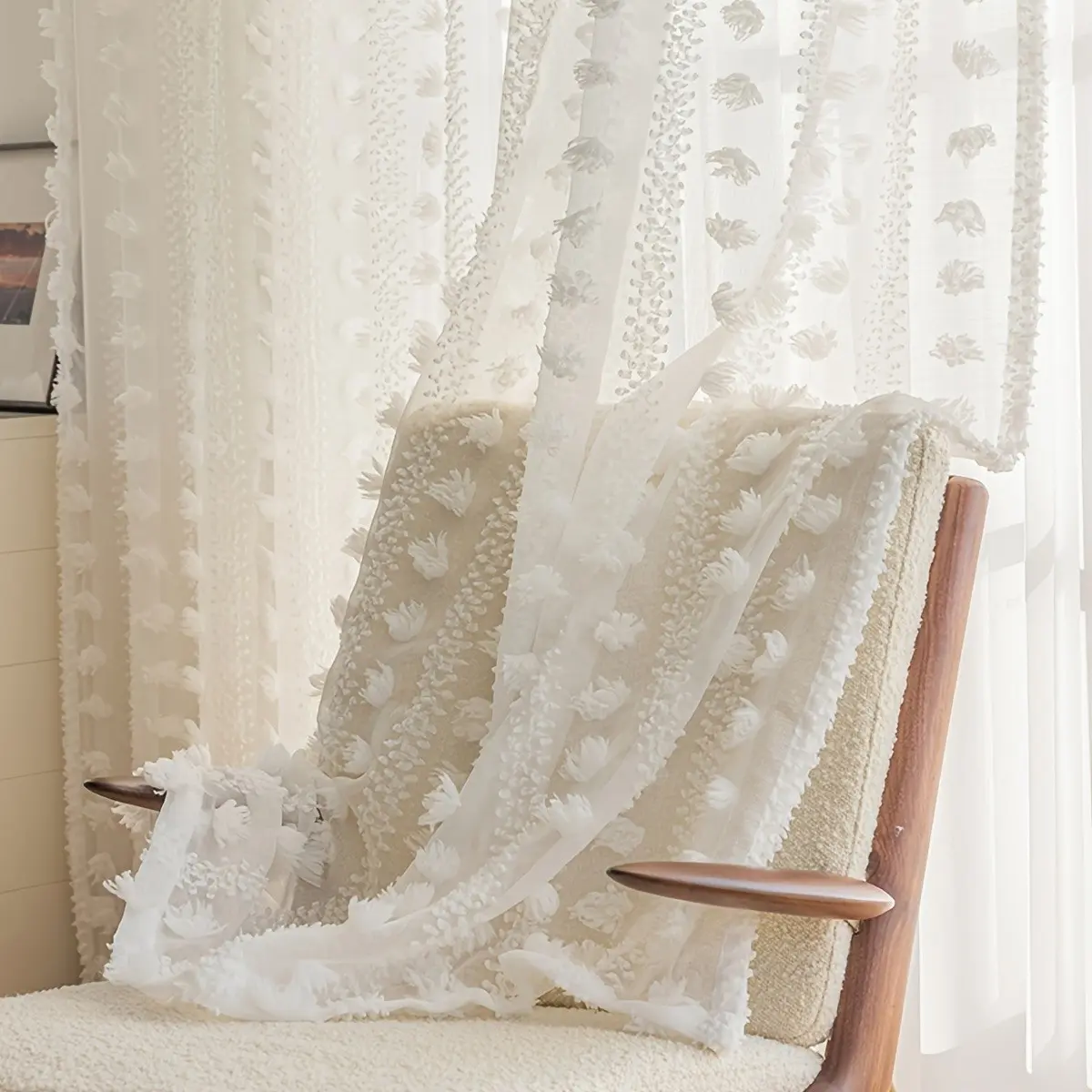 1pc French Romantic Textured Pom-Pom Sheer Curtains, White Rod Pocket Drapes for Bay Window & Cottage Bedroom Decor, Home Decorative Curtain, Home Decoration Curtain