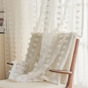 1pc French Romantic Textured Pom-Pom Sheer Curtains, White Rod Pocket Drapes for Bay Window & Cottage Bedroom Decor, Home Decoration Curtain